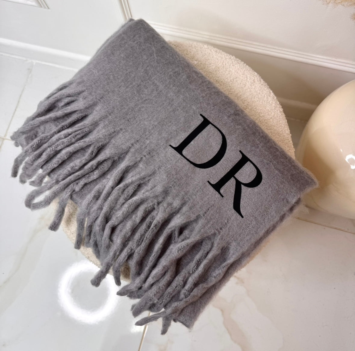 Grey fluffy initial personalised scarf