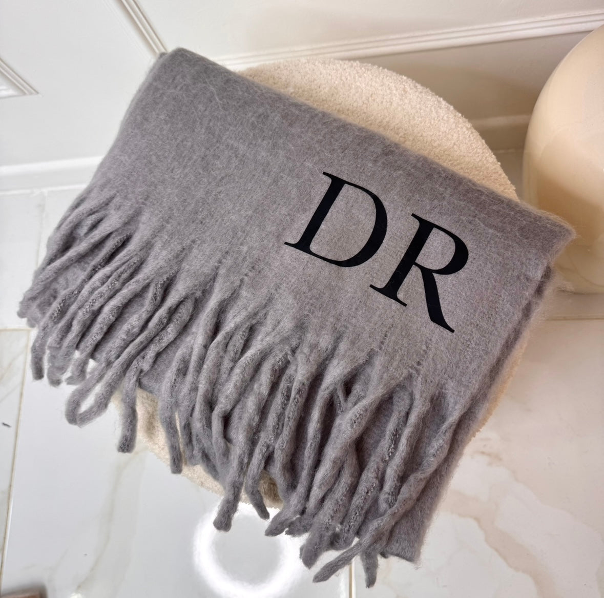 Grey fluffy initial personalised scarf