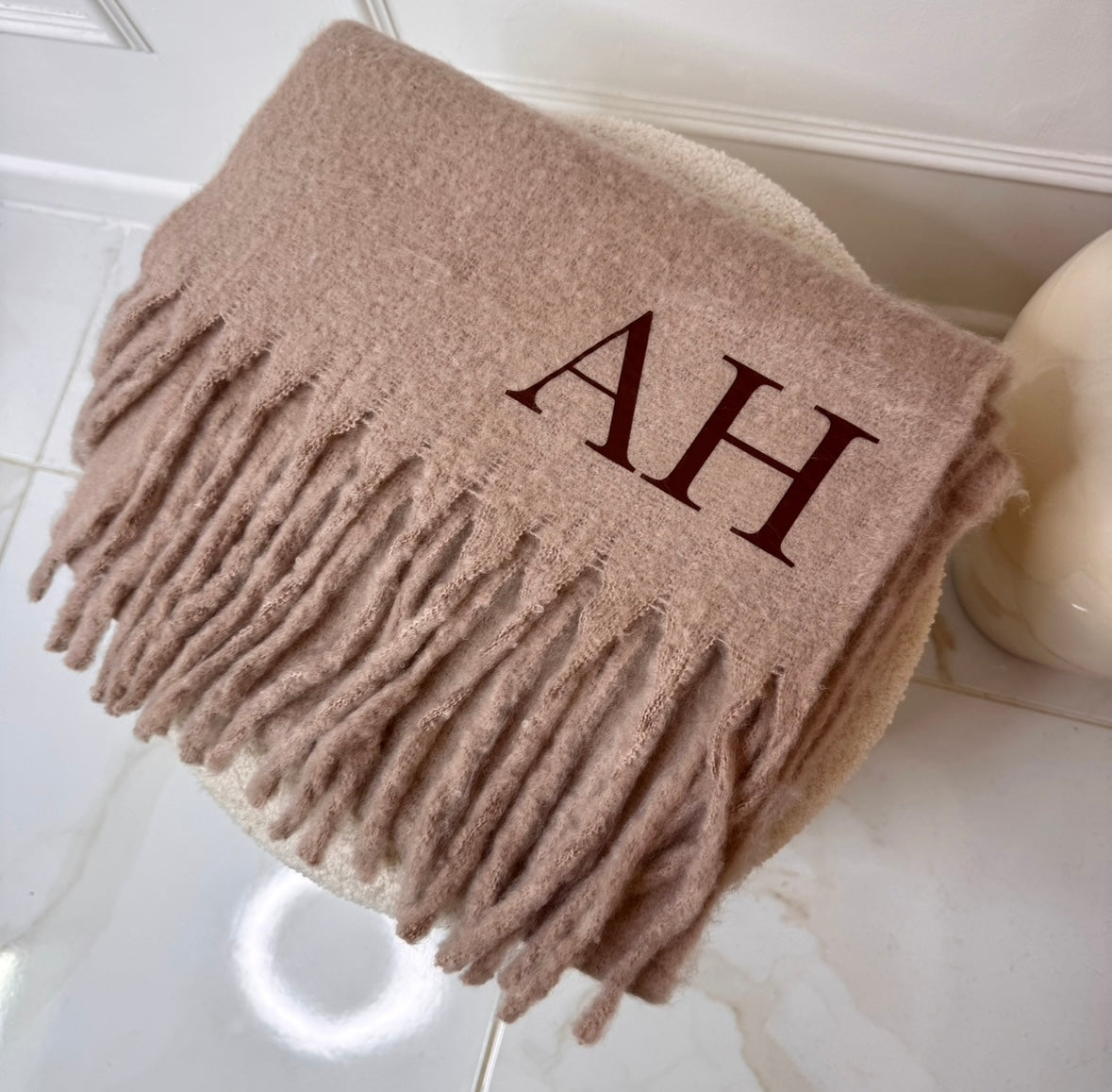 Beige fluffy initial personalised scarf