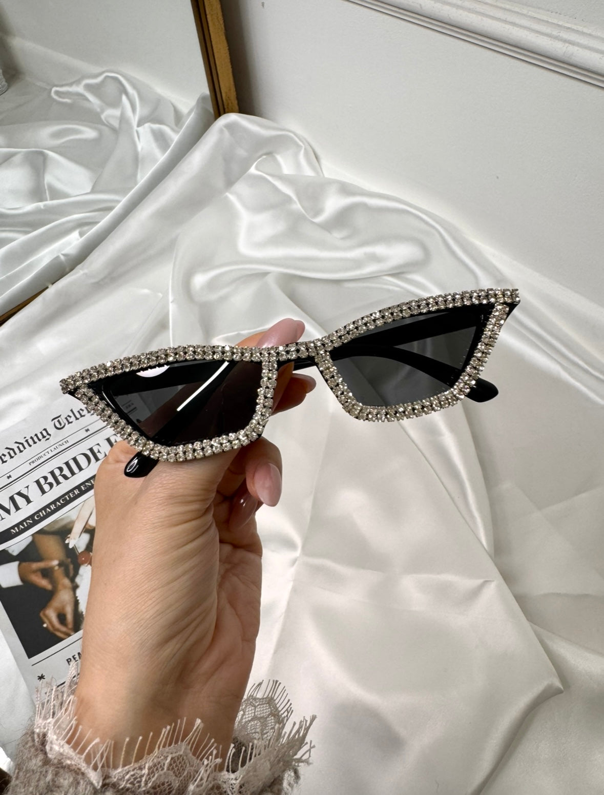 Black statement diamanté Wedding, Hen Party rectangle cat eye sunglasses