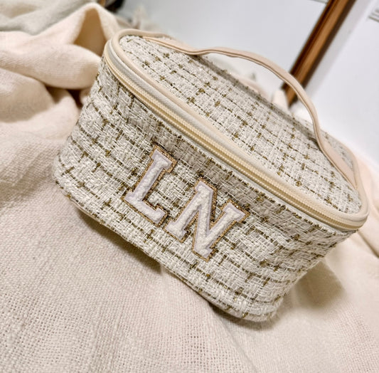 cream tweed large glitter detail initial vanity case