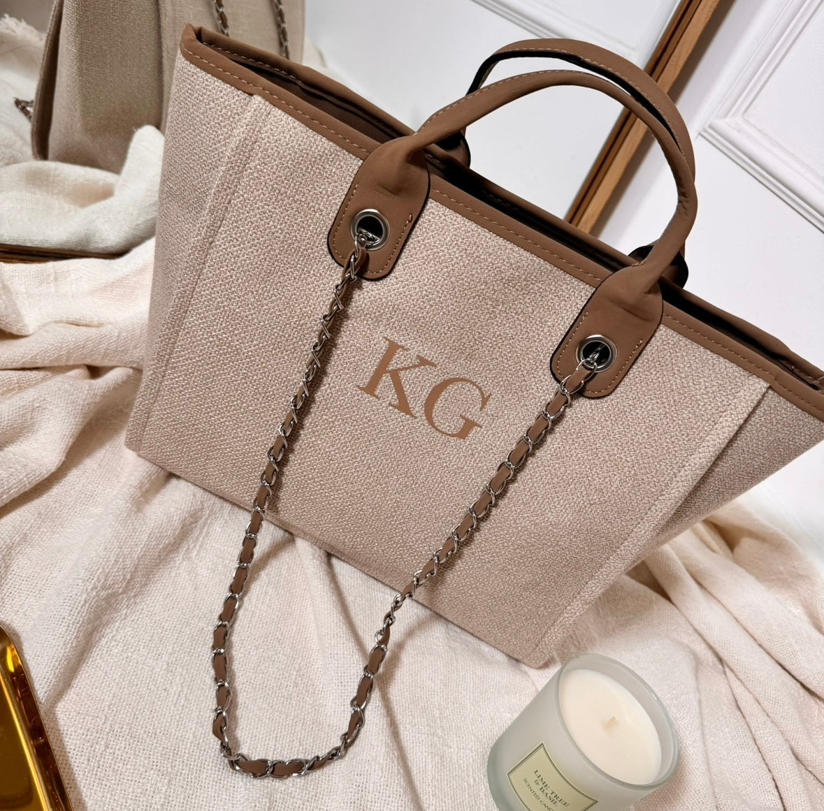 camel personalised chain tote bag with tan initials