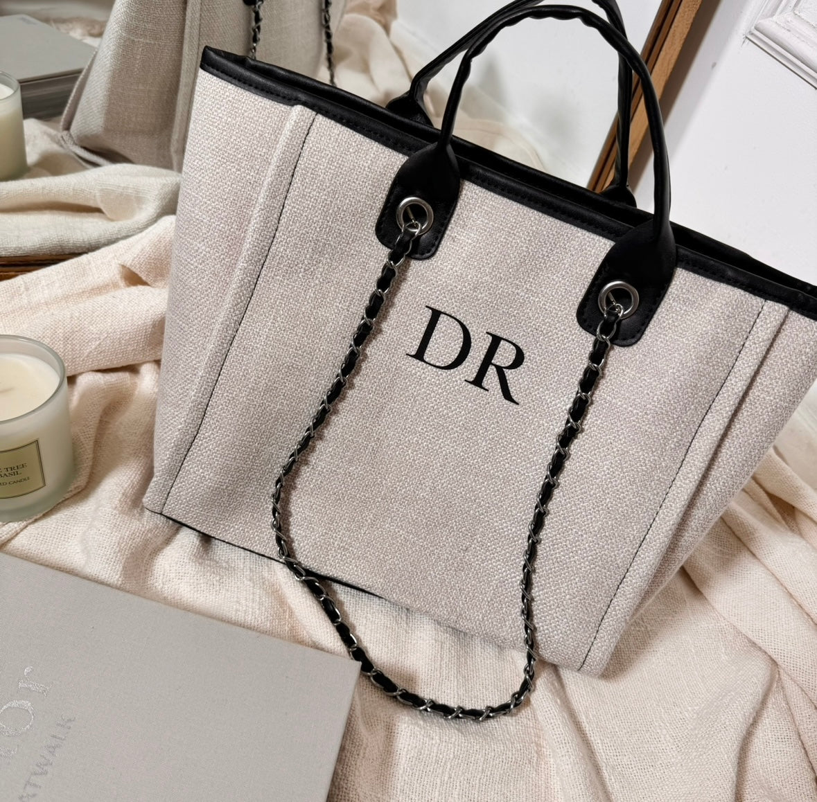 cream personalised chain tote bag with white initials