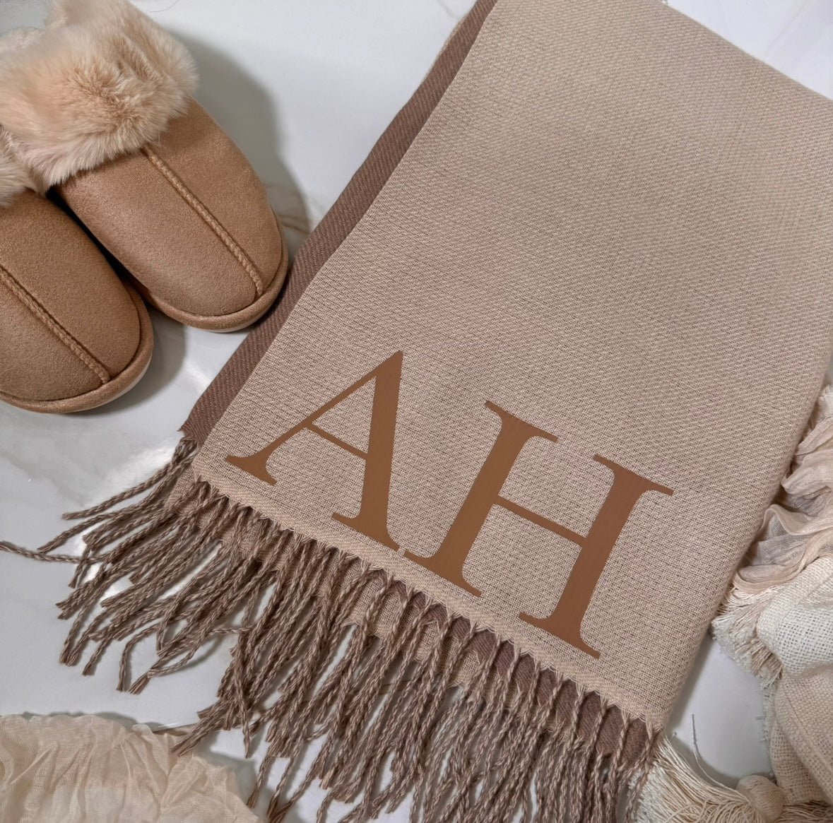 beige & taupe large initial two tone scarf