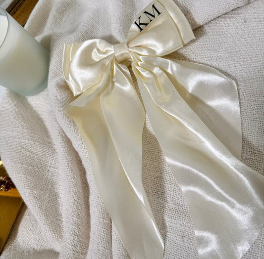 ivory long satin bow with black initials