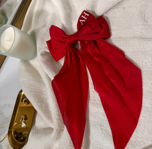 red long satin bow with white initials