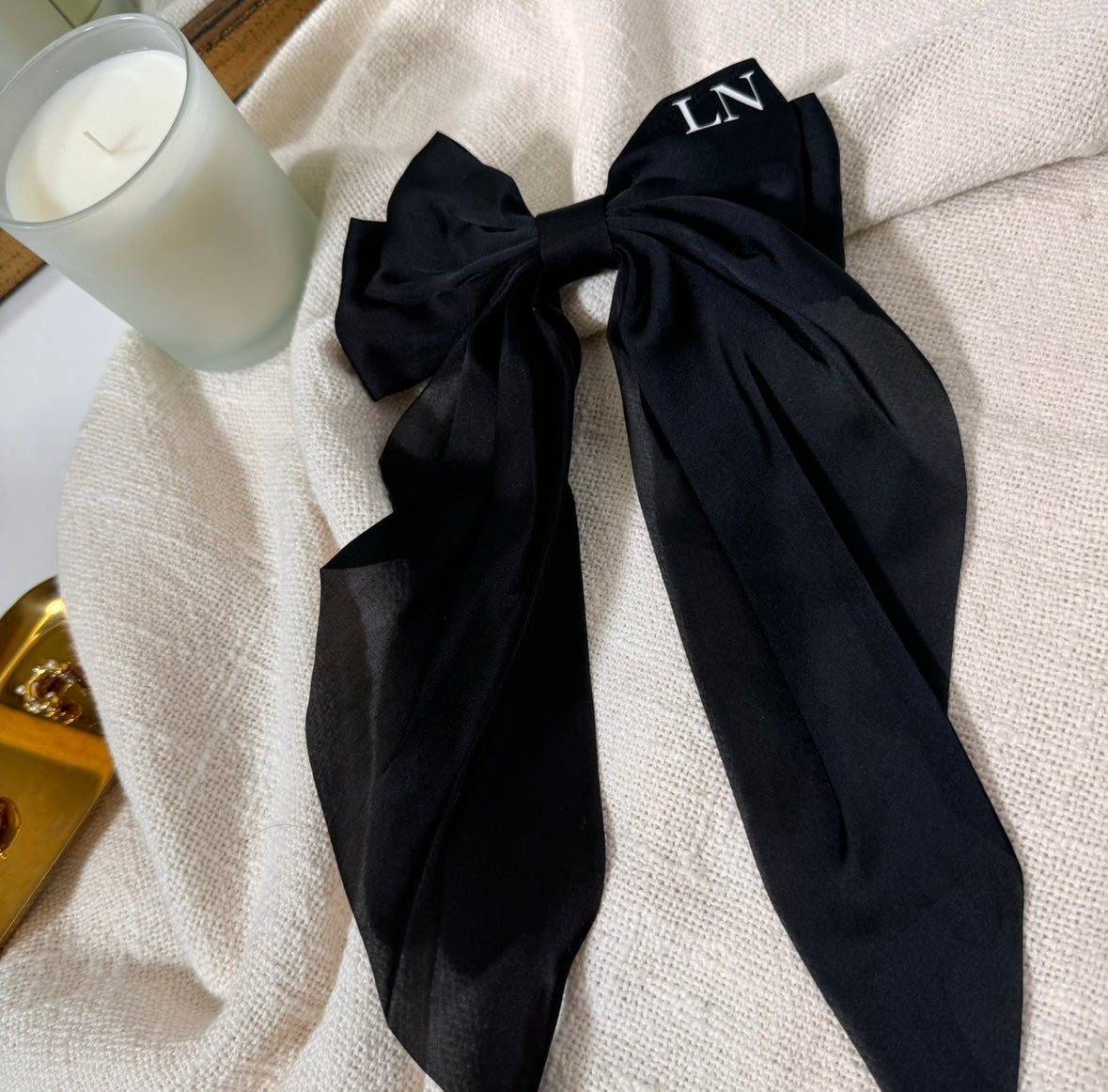 black long satin bow with white initials