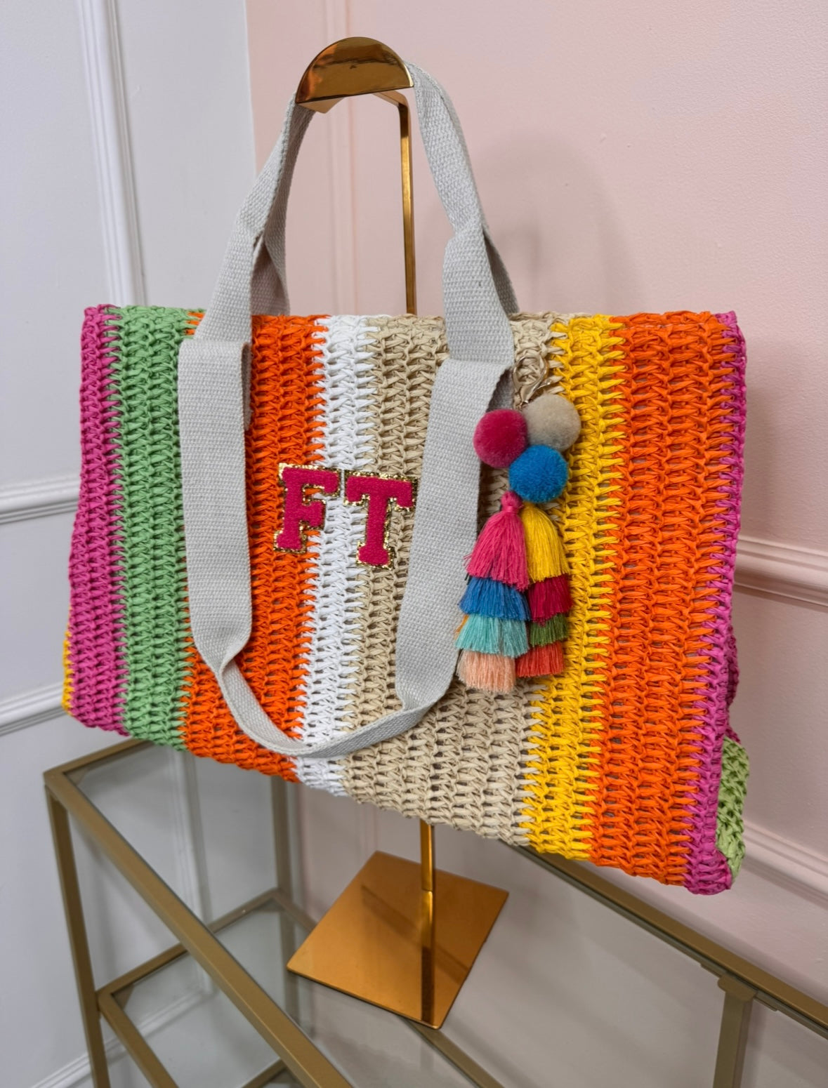 multi stripe personalised woven tote bag with tassel