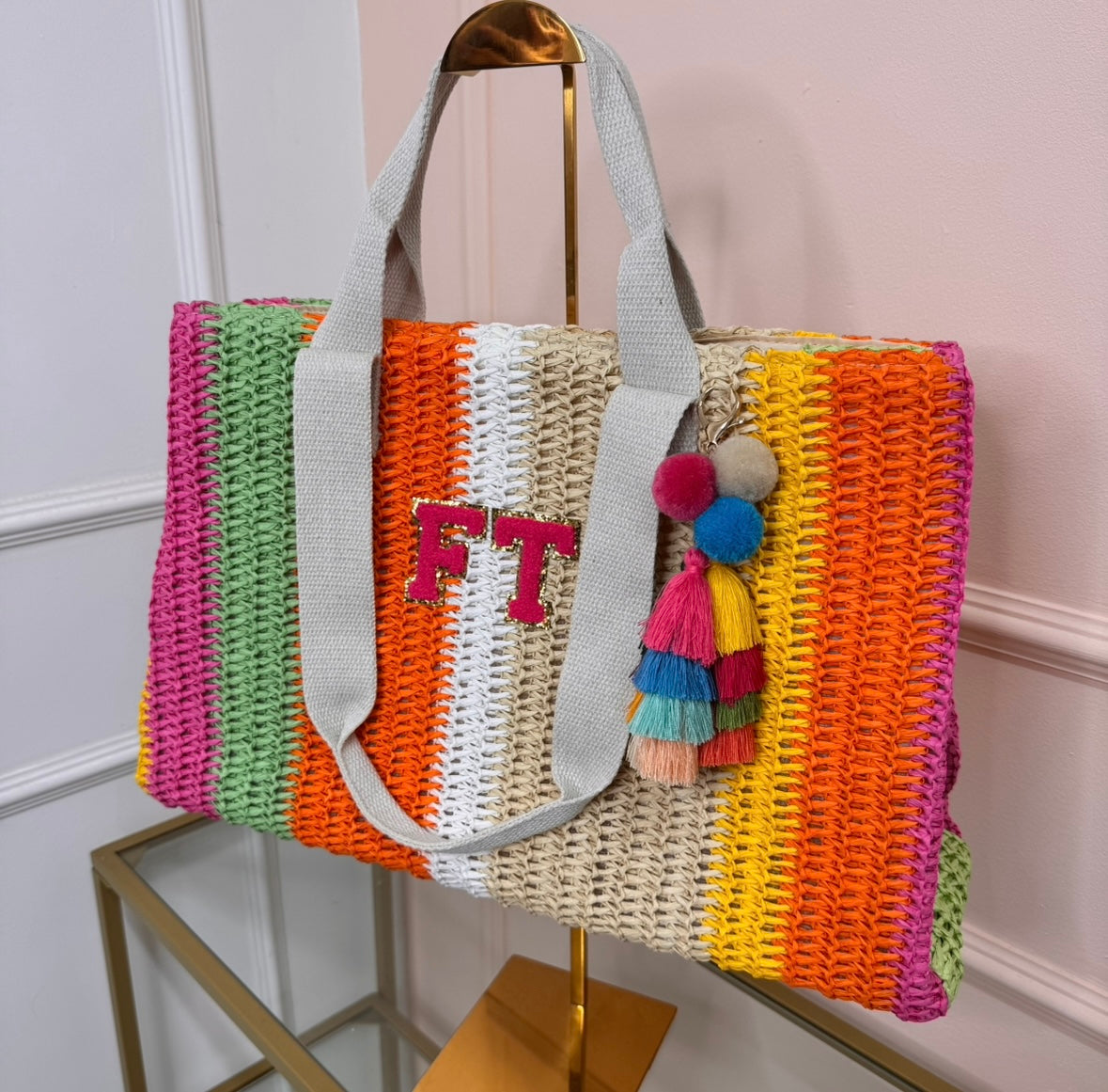 multi stripe personalised woven tote bag with tassel