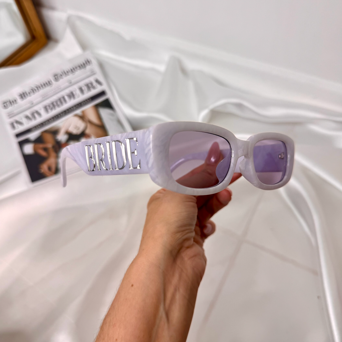 Silver Rectangle Bride Marble Wedding sunglasses