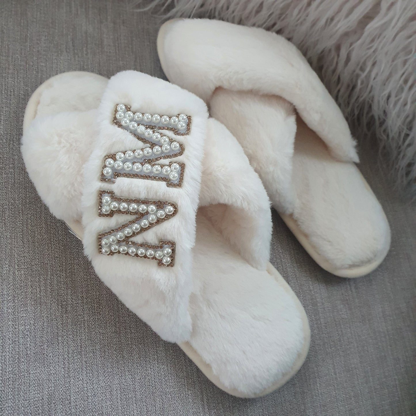 DOUBLE INITIAL cream fluffy slippers with gold diamante