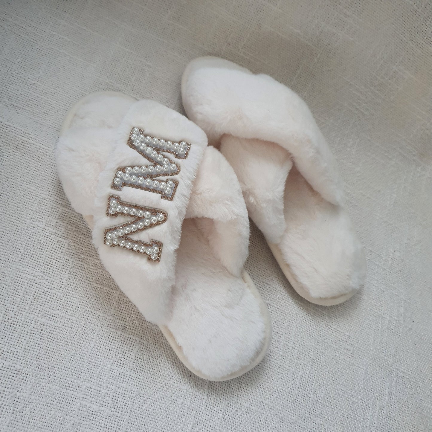 DOUBLE INITIAL cream fluffy slippers with gold diamante