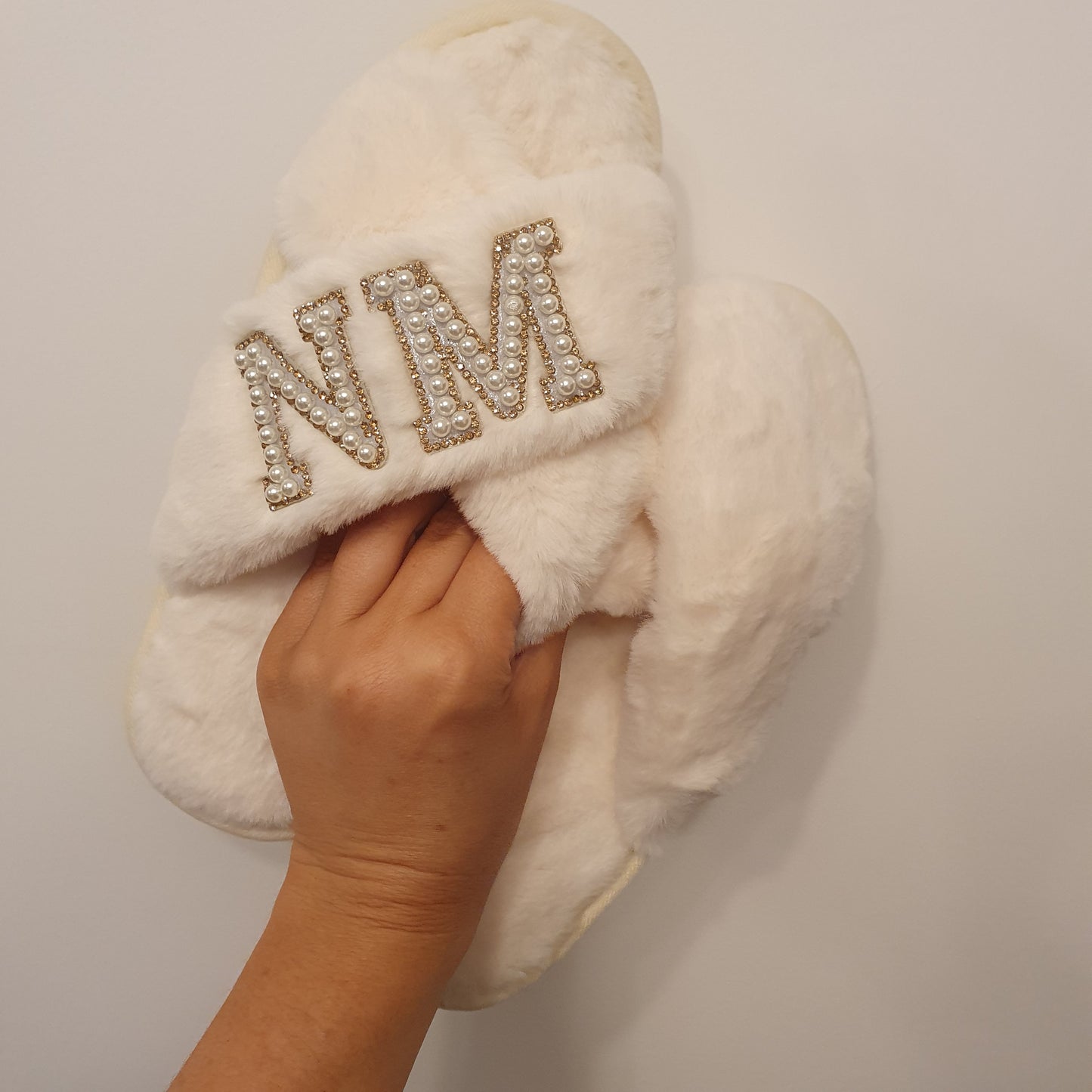 DOUBLE INITIAL cream fluffy slippers with gold diamante