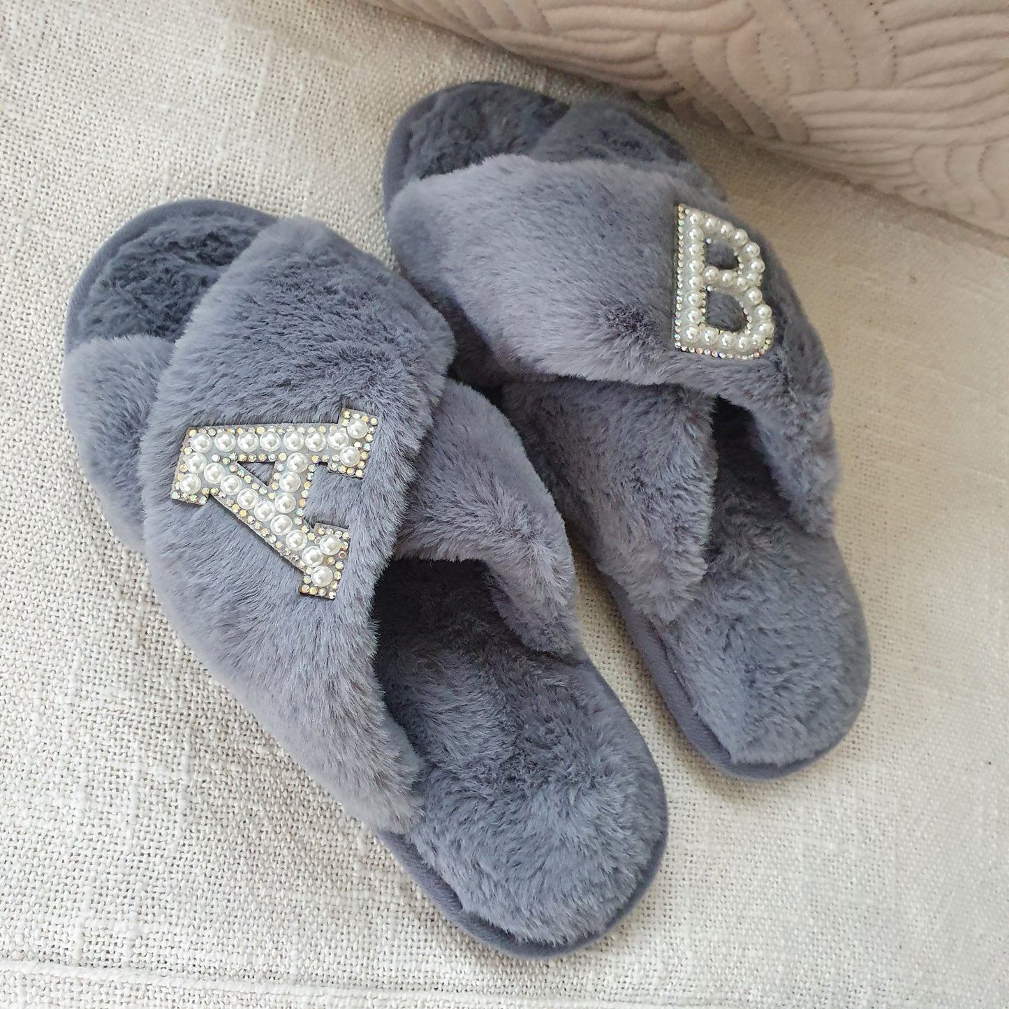 DOUBLE INITIAL grey fluffy slippers with silver diamante