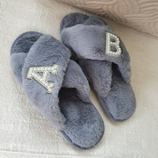 DOUBLE INITIAL grey fluffy slippers with silver diamante