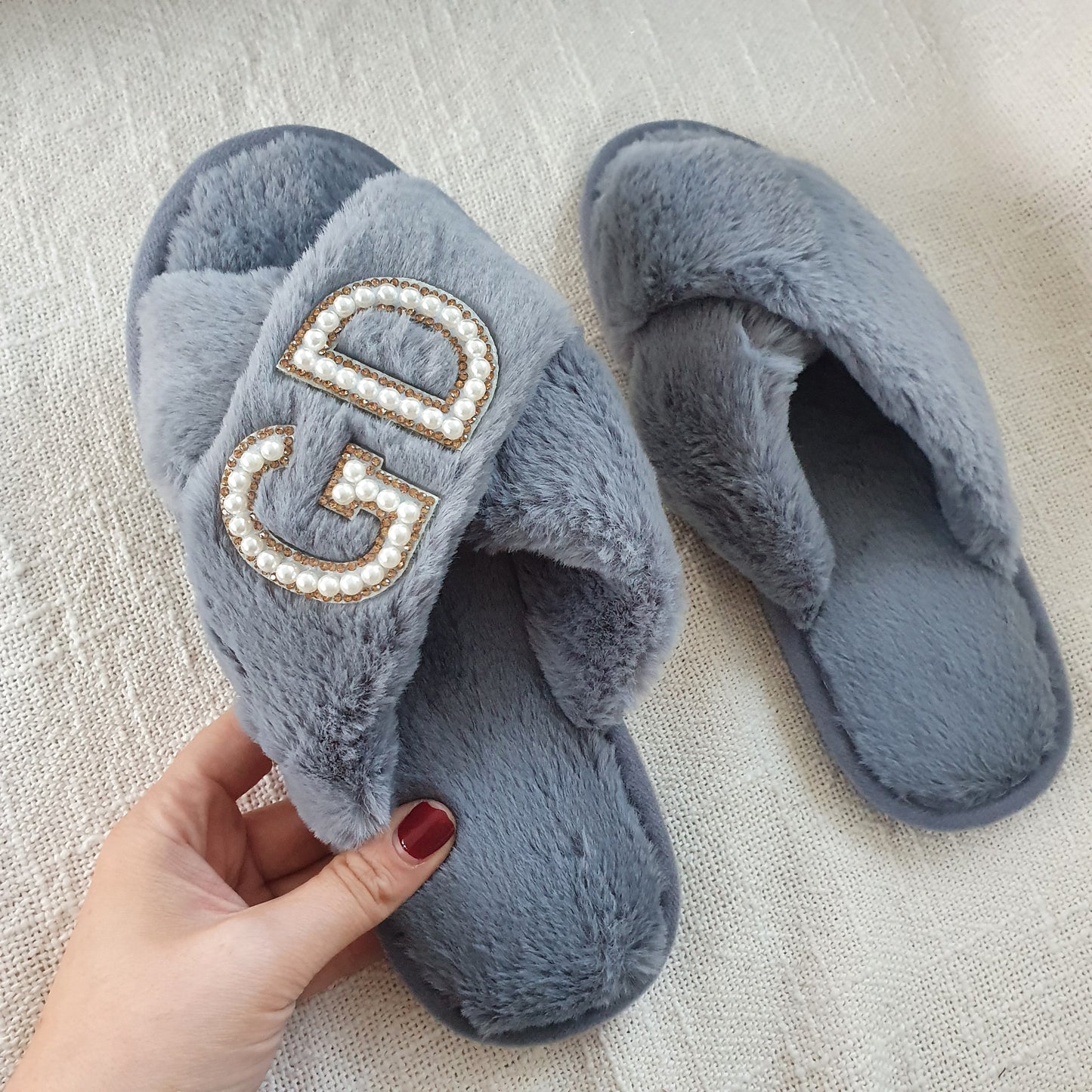 DOUBLE INITIAL grey fluffy slippers with gold diamante