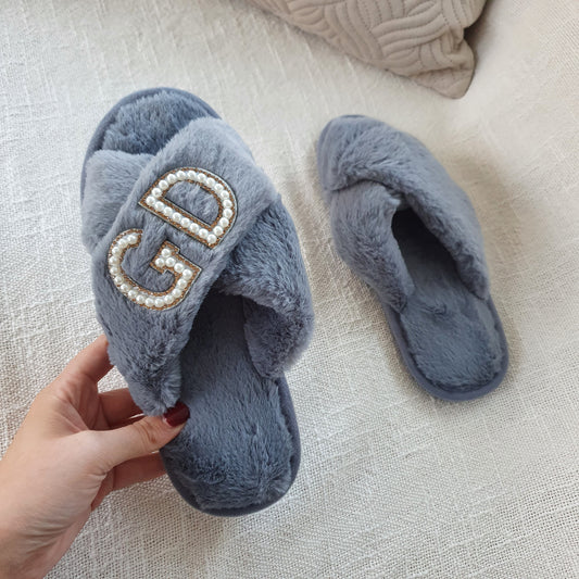 DOUBLE INITIAL grey fluffy slippers with gold diamante