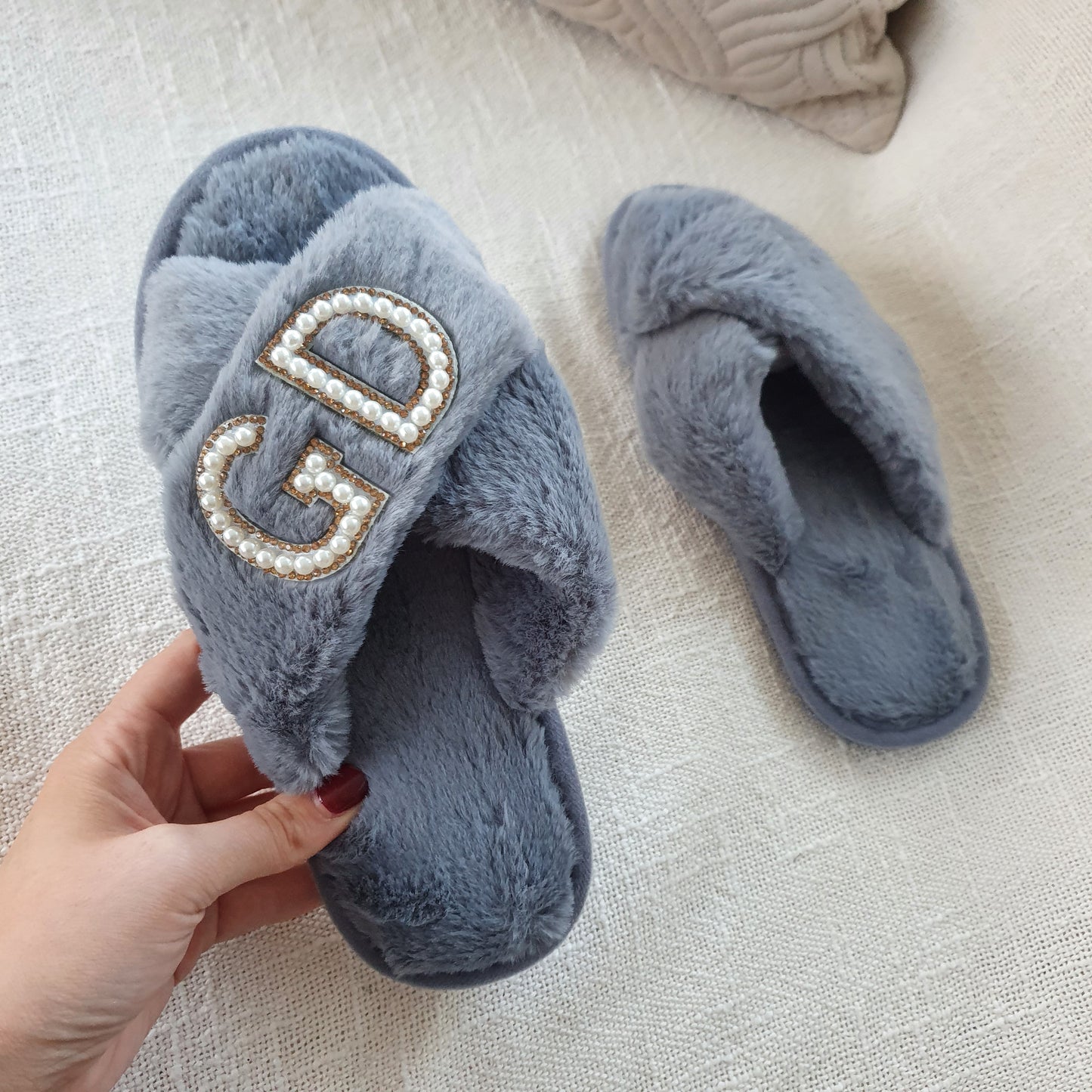 DOUBLE INITIAL grey fluffy slippers with gold diamante