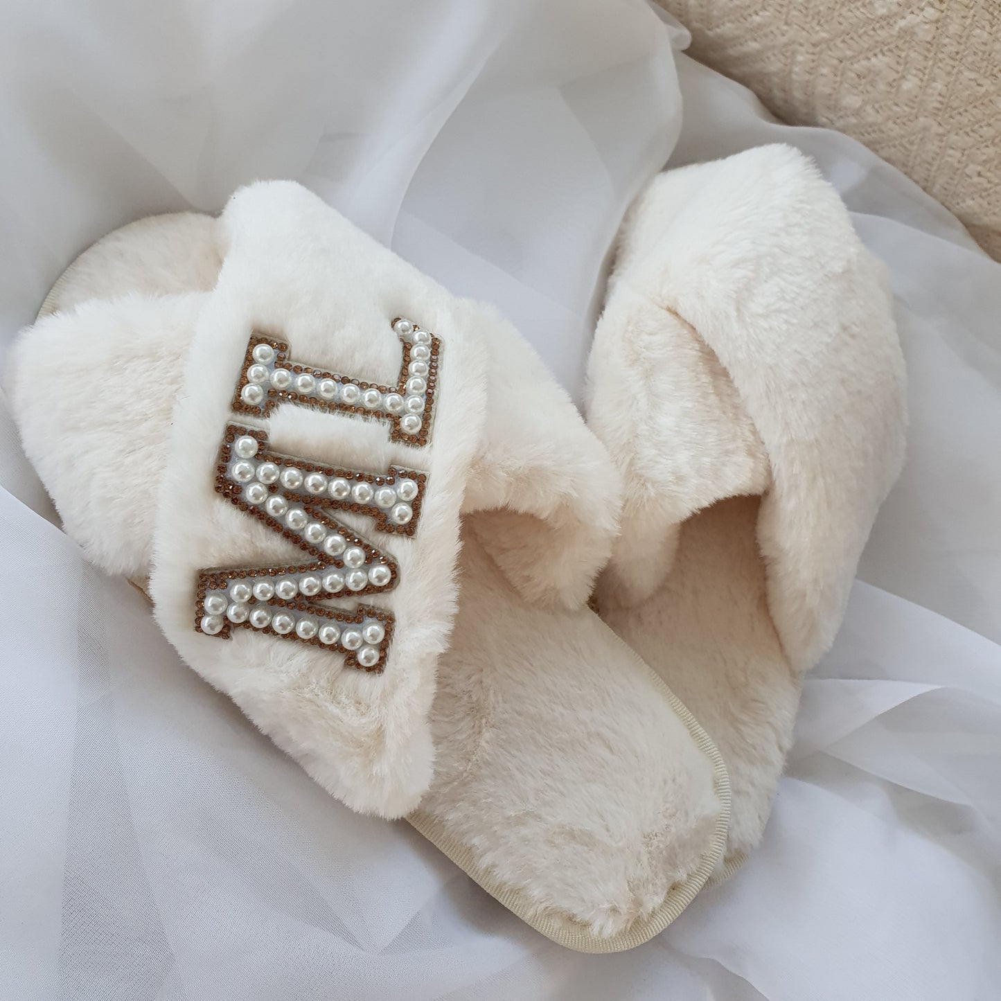 DOUBLE INITIAL cream fluffy slippers with gold diamante