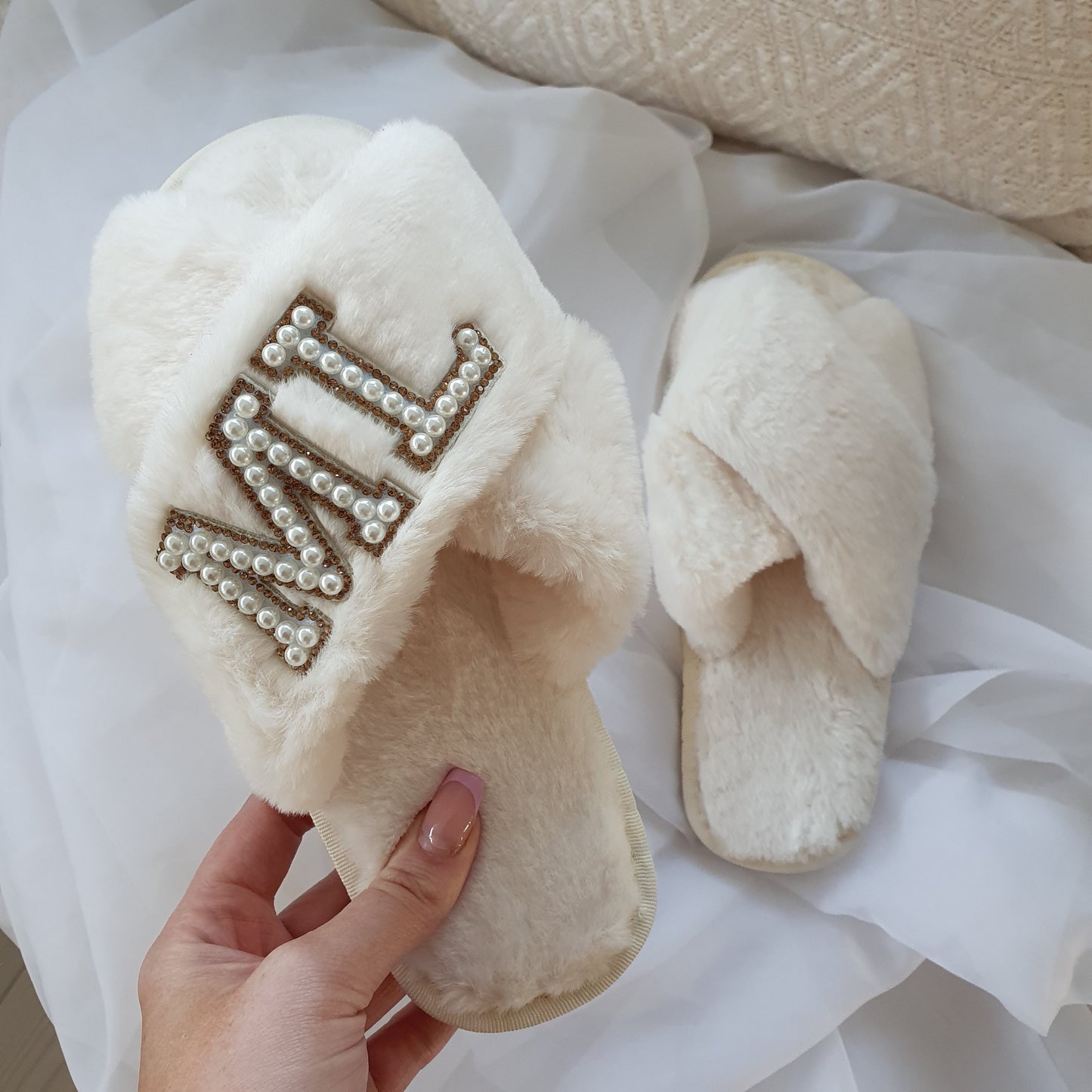 DOUBLE INITIAL cream fluffy slippers with gold diamante