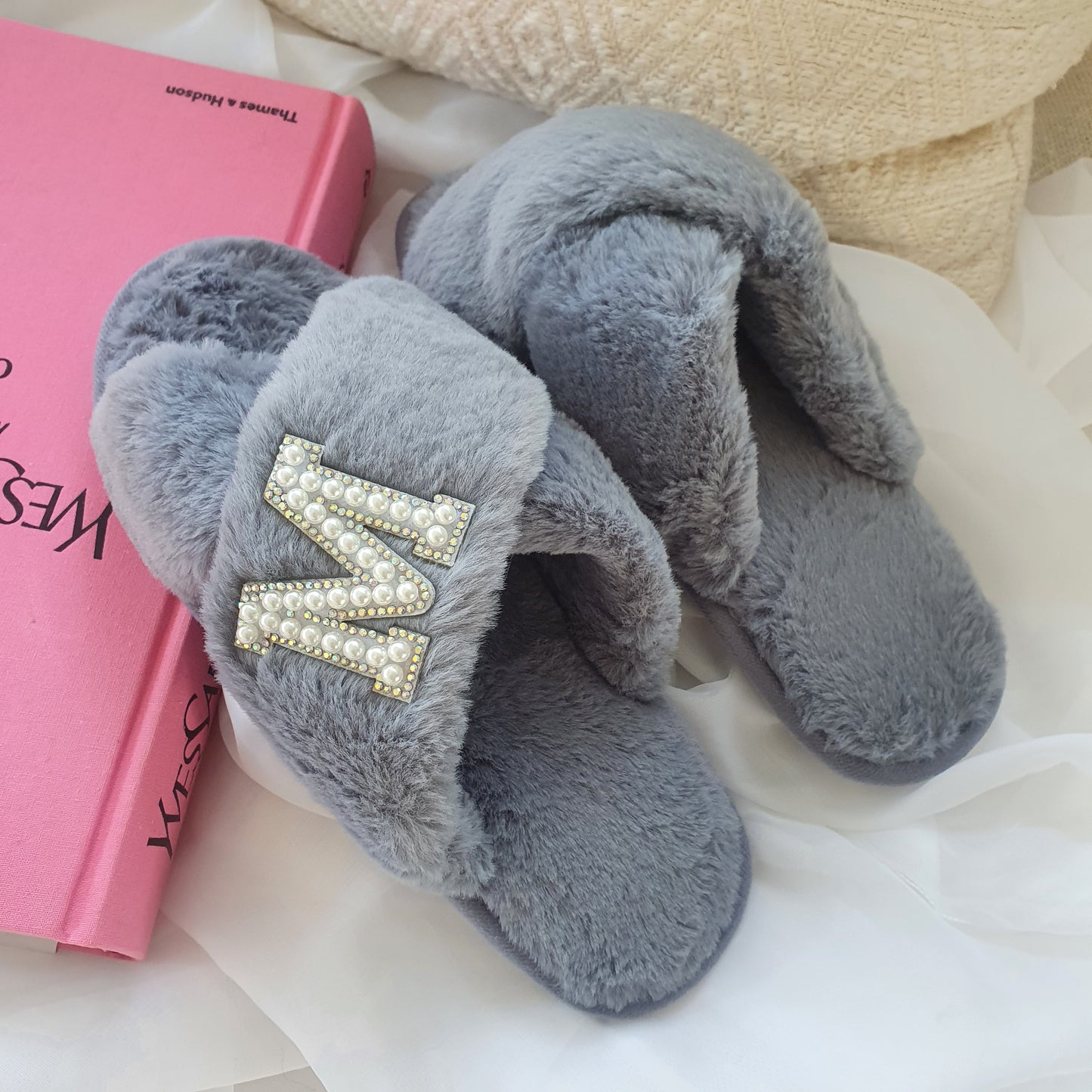 SINGLE INITIAL grey fluffy slippers with silver diamante