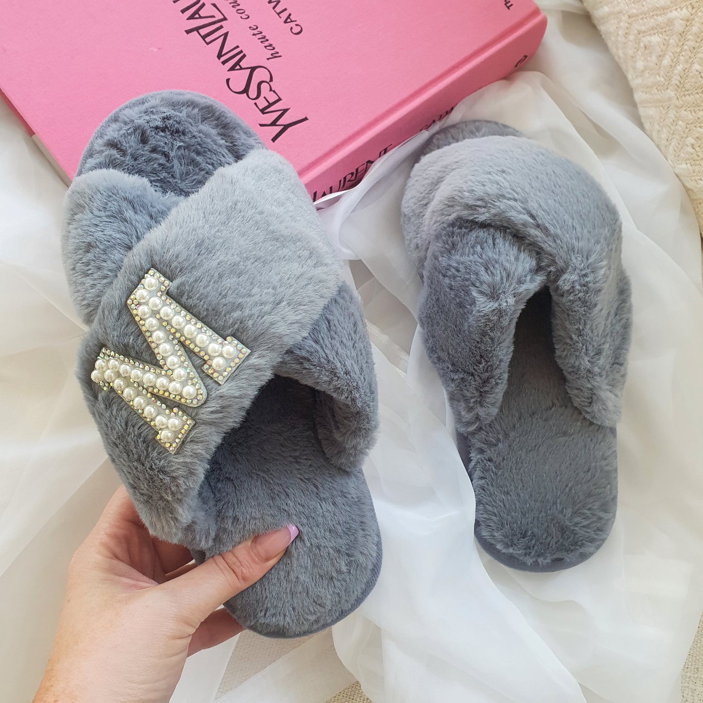 SINGLE INITIAL grey fluffy slippers with silver diamante