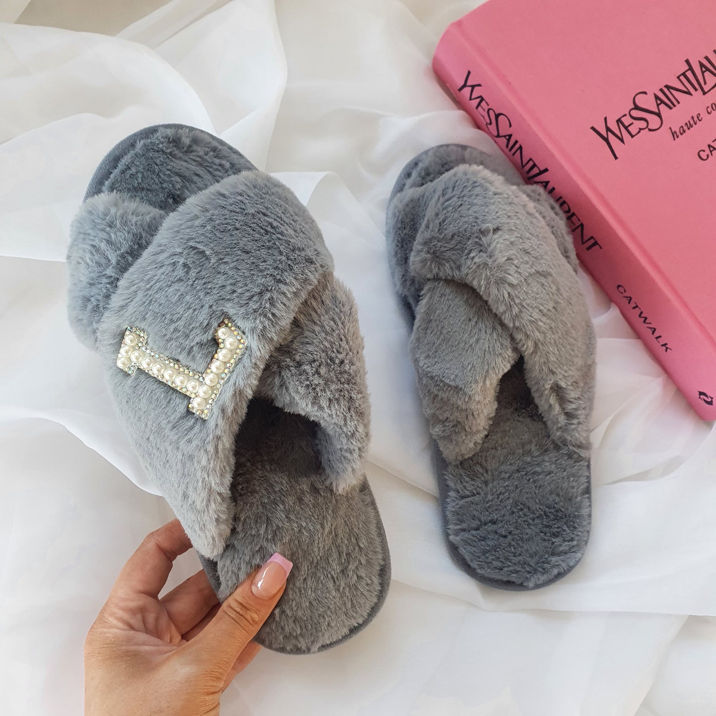 SINGLE INITIAL grey fluffy slippers with silver diamante