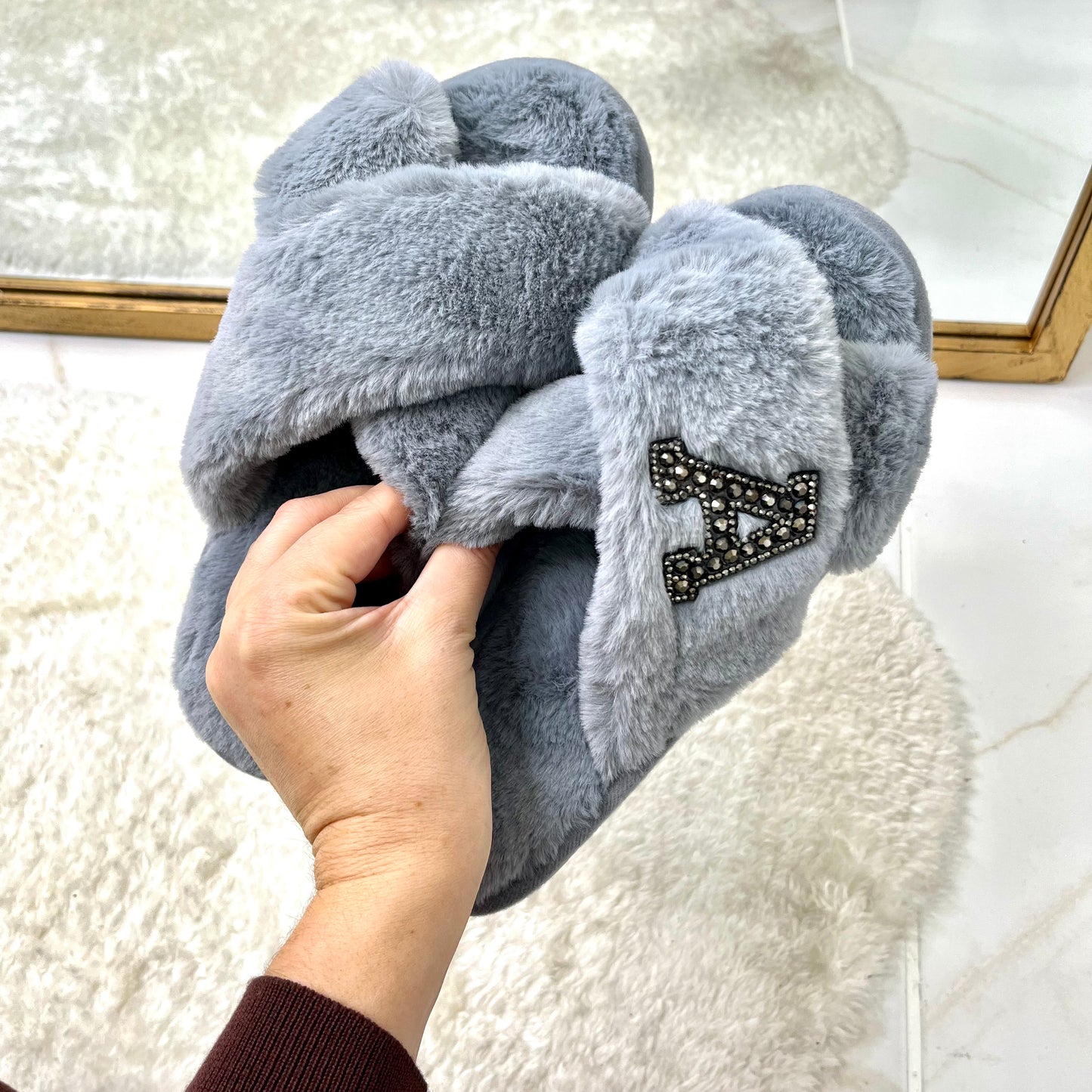 SINGLE INITIAL grey fluffy slippers with black diamante