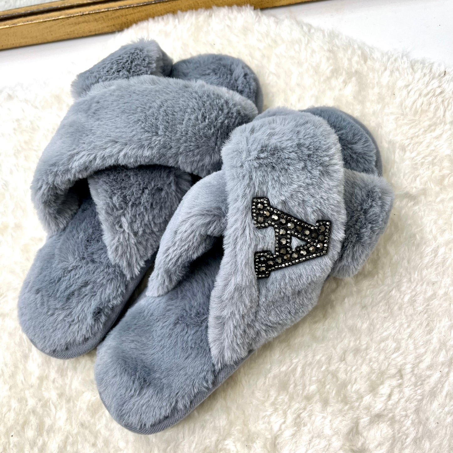 SINGLE INITIAL grey fluffy slippers with black diamante