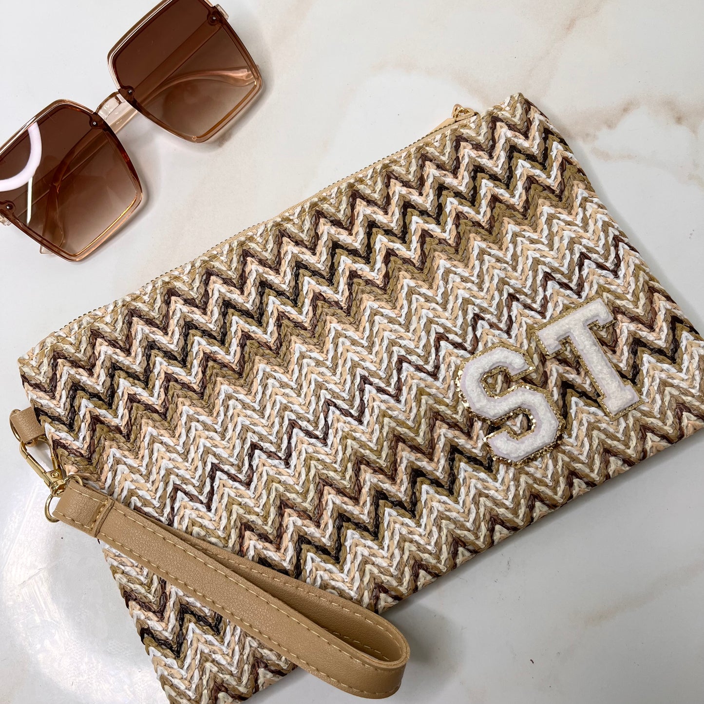 PALMA beige zig zag personalised clutch bag