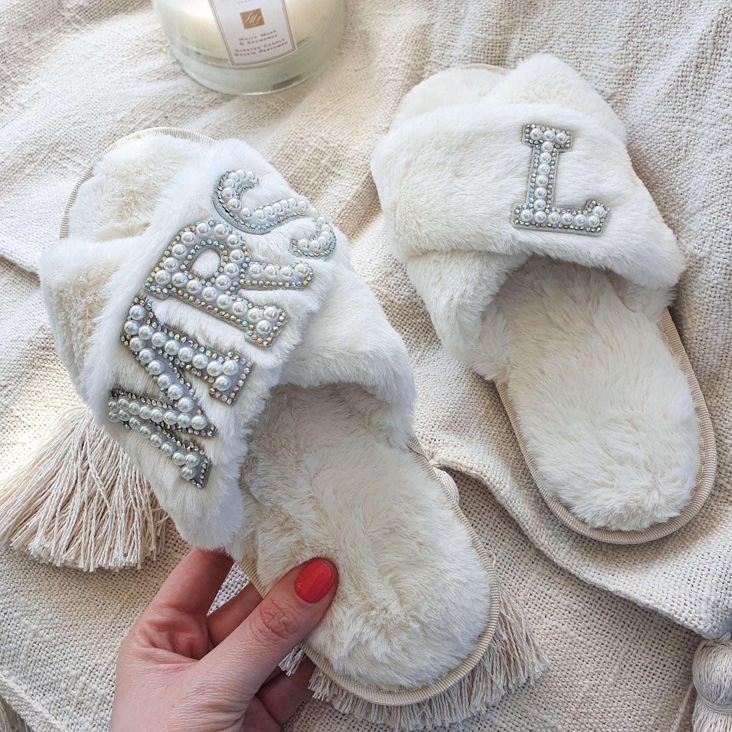 MRS cream fluffy slippers with silver diamante
