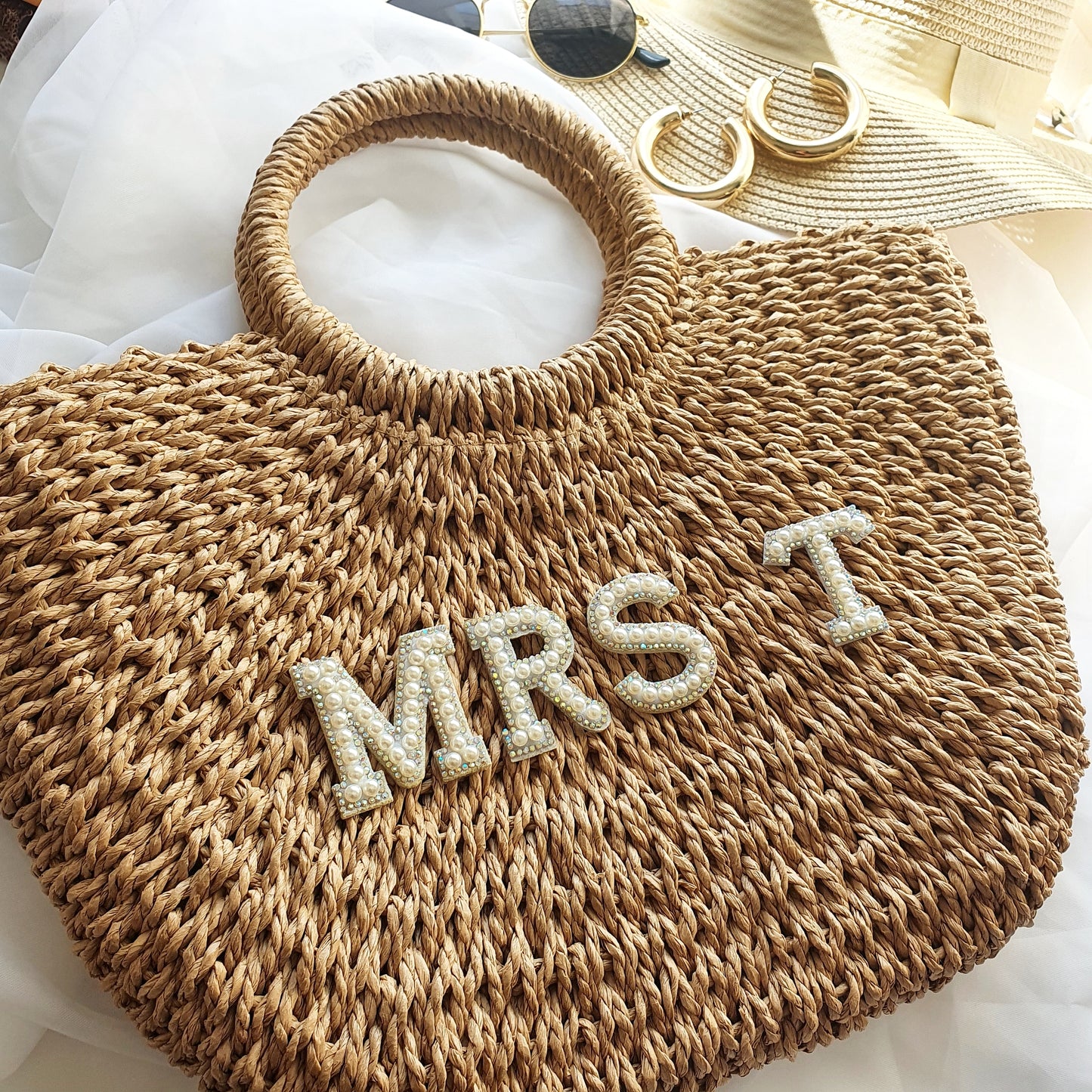 MRS Personalised Diamante Initial Straw Beach Bag