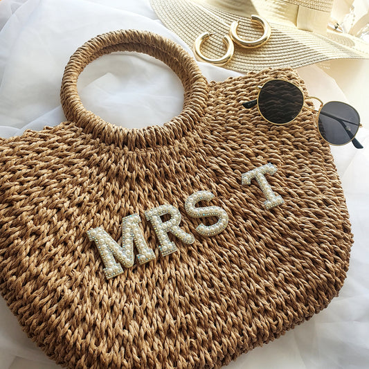 MRS Personalised Diamante Initial Straw Beach Bag