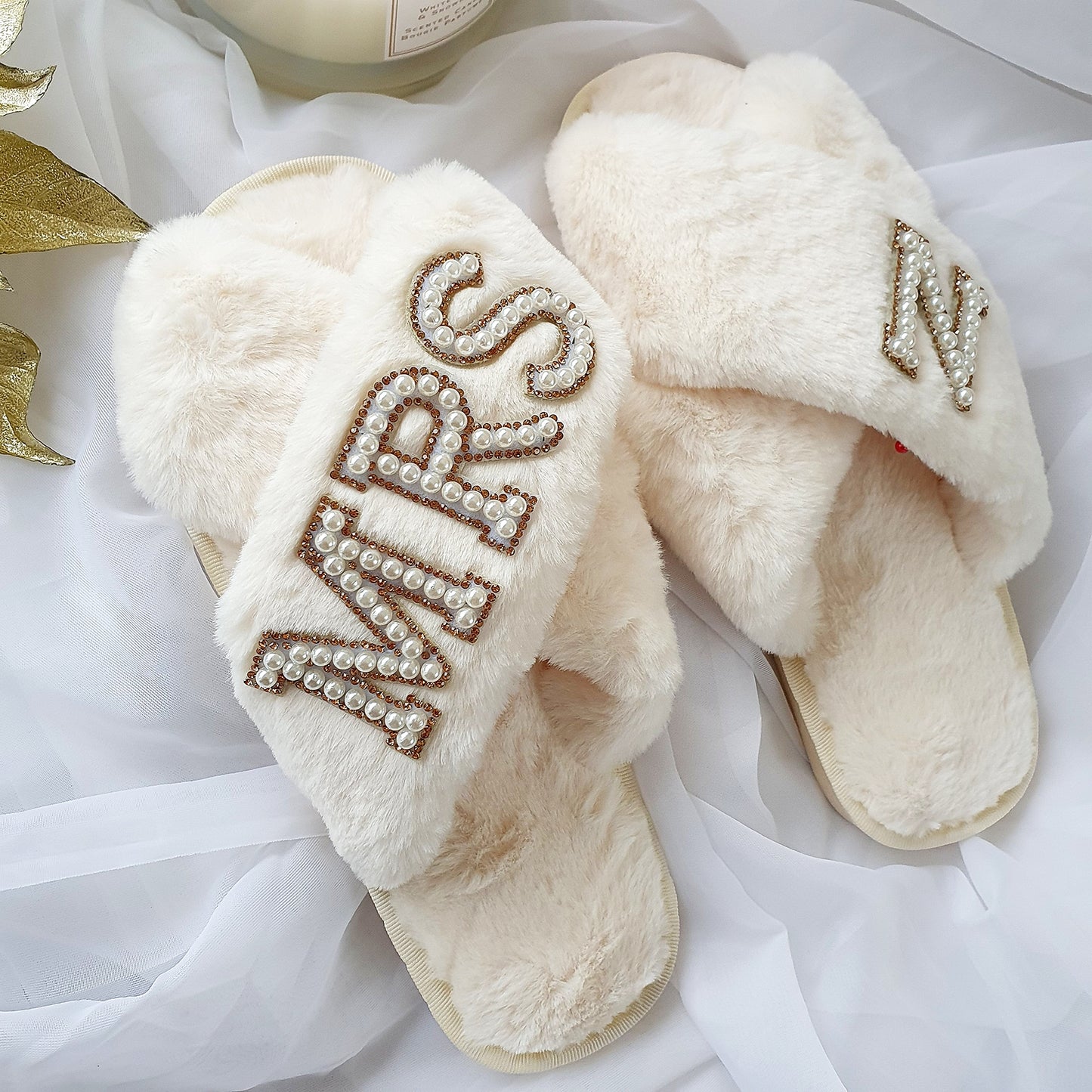 MRS cream fluffy slippers with gold diamante