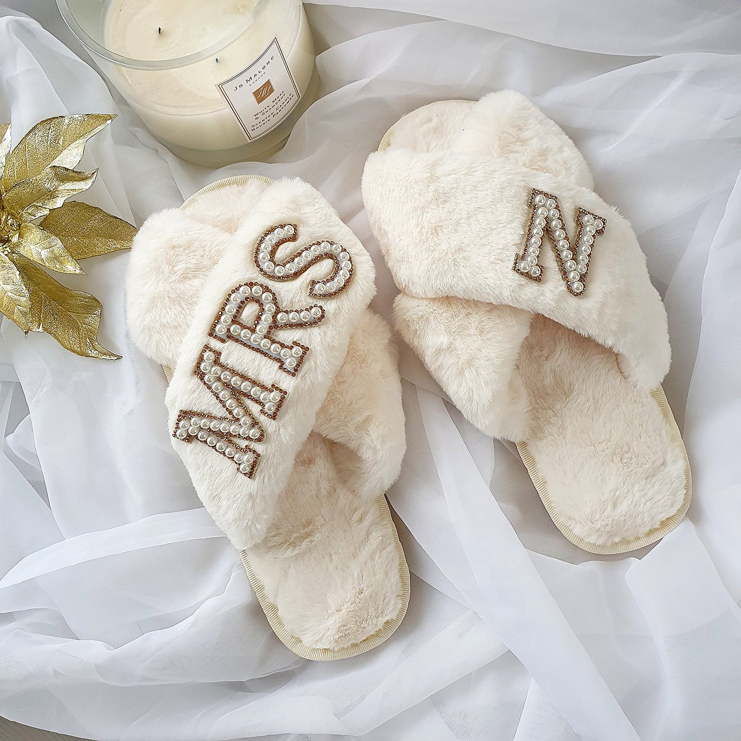 MRS cream fluffy slippers with gold diamante