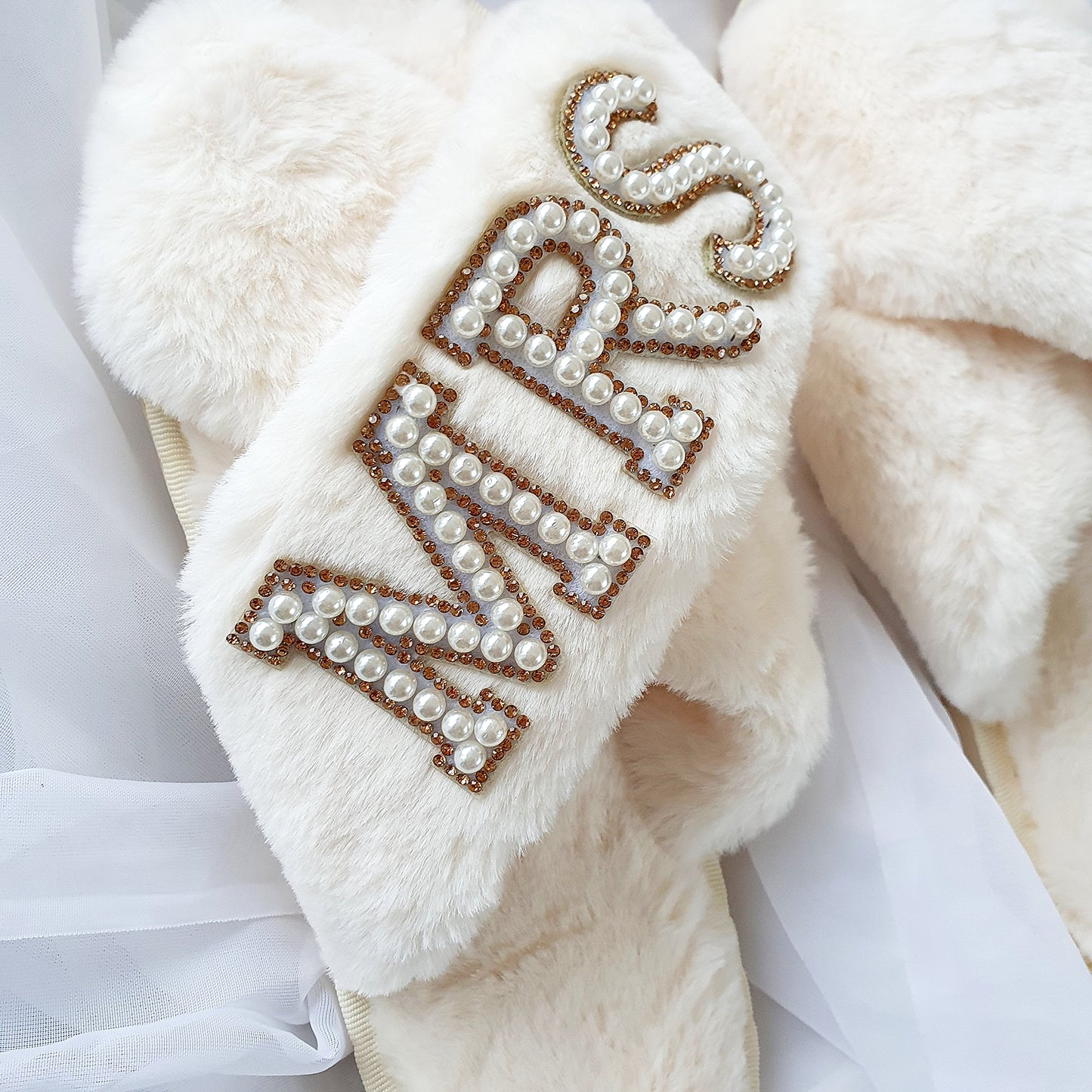 MRS cream fluffy slippers with gold diamante