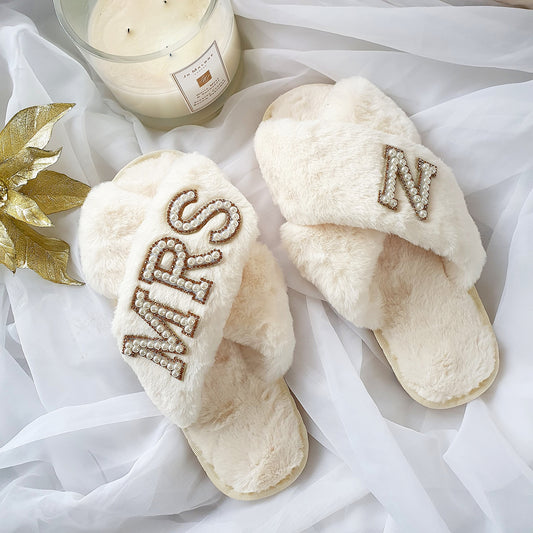 MRS cream fluffy slippers with gold diamante