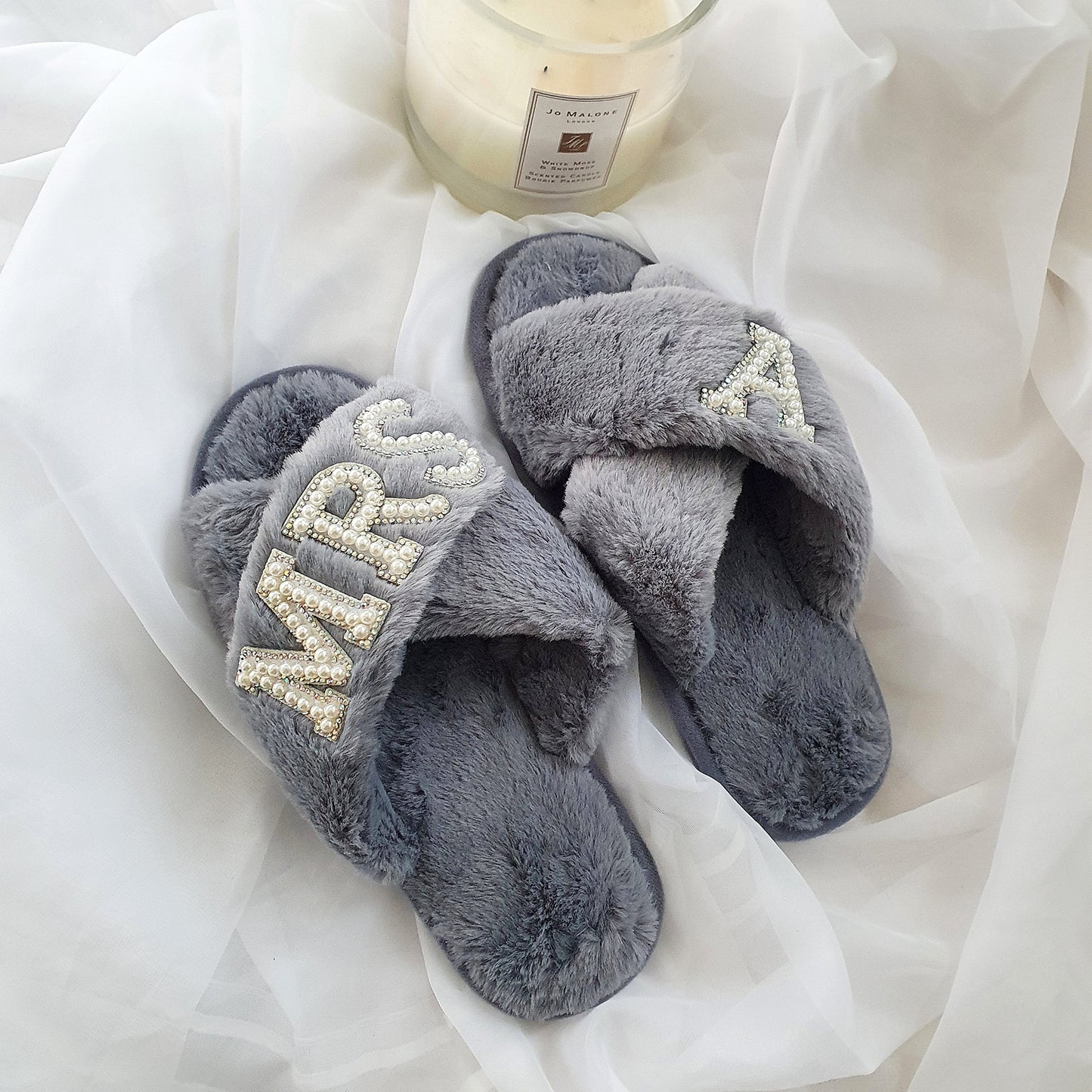 MRS grey fluffy slippers with silver diamante