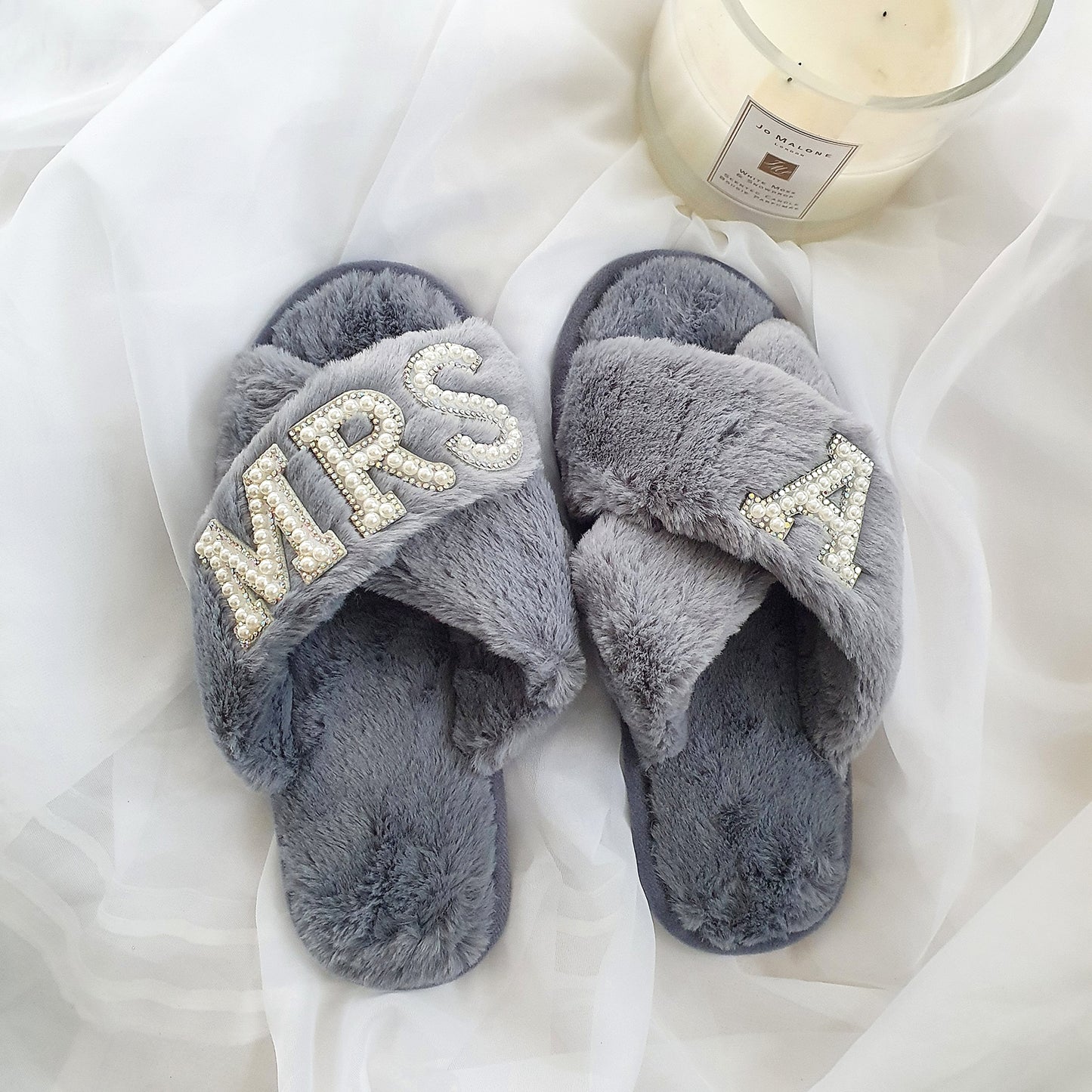 MRS grey fluffy slippers with silver diamante