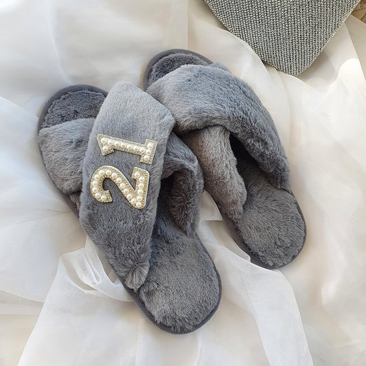 BIRTHDAY grey fluffy slippers with silver diamante