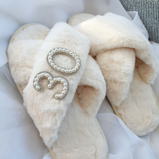 BIRTHDAY cream fluffy slippers with silver diamante