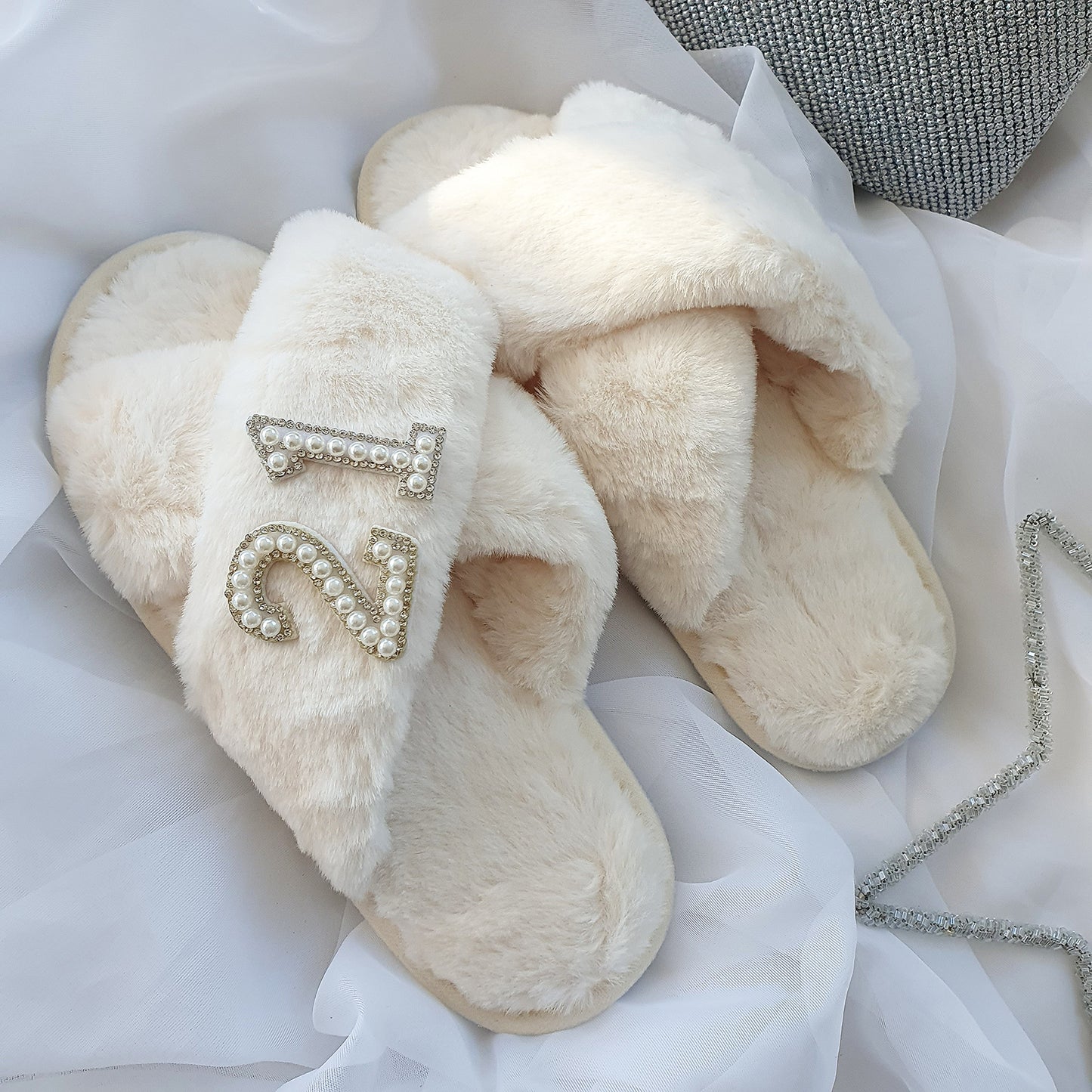 BIRTHDAY cream fluffy slippers with silver diamante