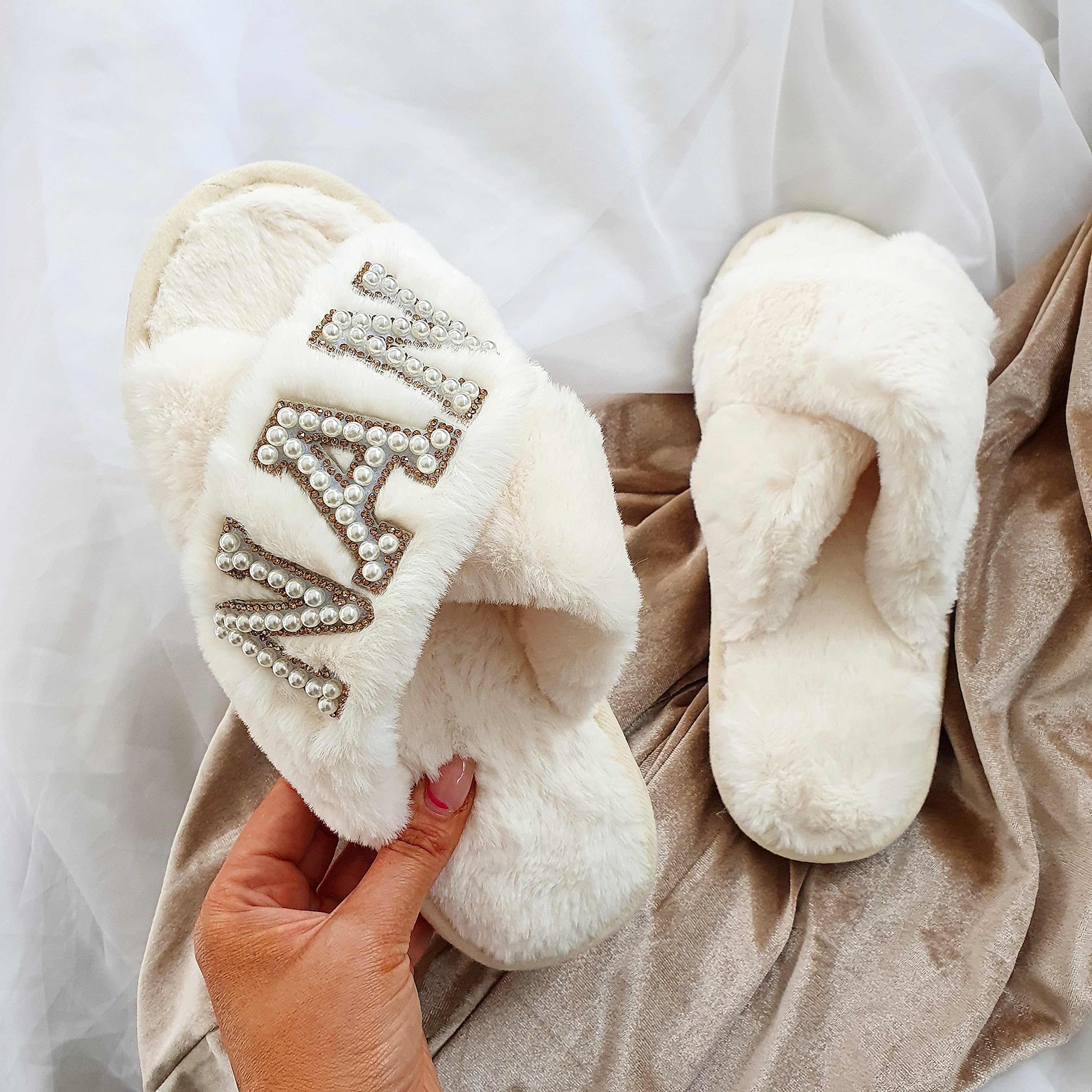 NAN cream fluffy slippers with gold diamante LA Design Studio