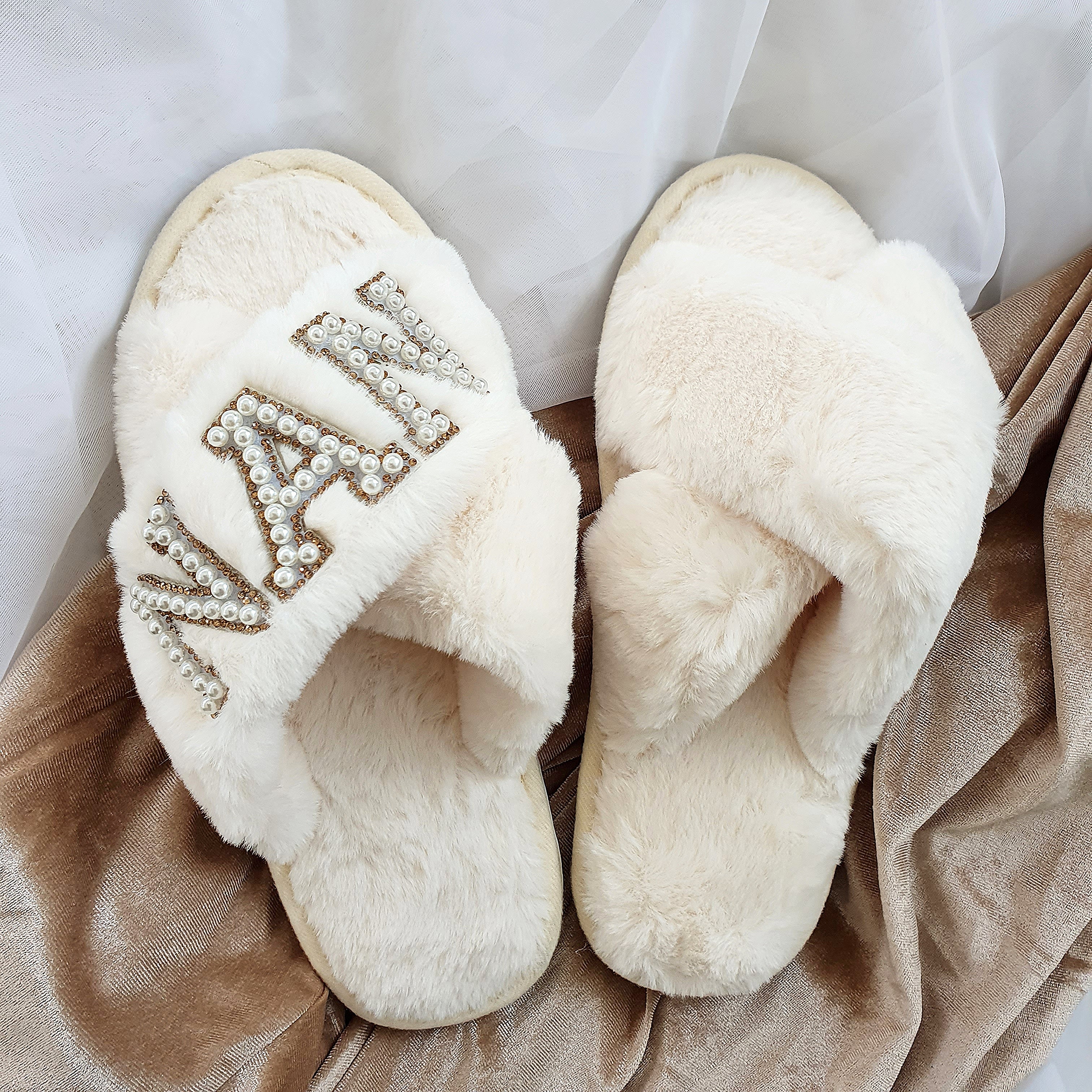 NAN cream fluffy slippers with gold diamante