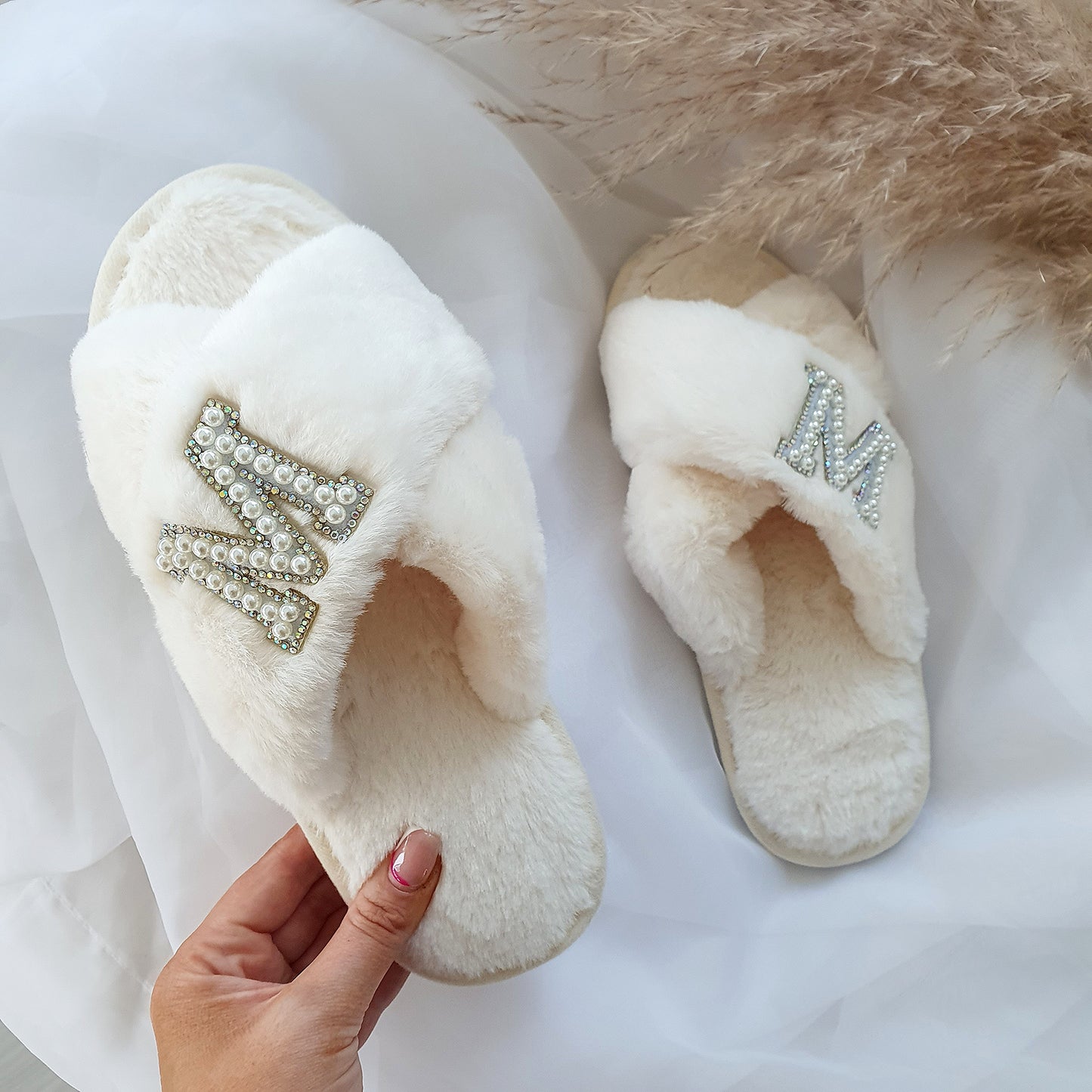 DOUBLE INITIAL cream fluffy slippers with silver diamante