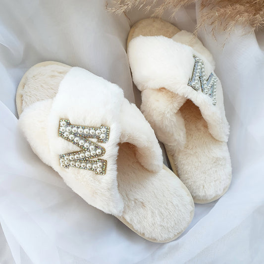 DOUBLE INITIAL cream fluffy slippers with silver diamante