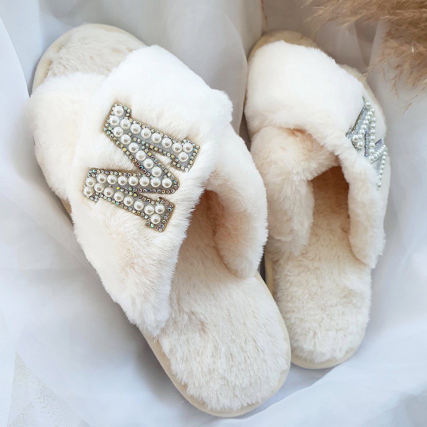 DOUBLE INITIAL cream fluffy slippers with silver diamante